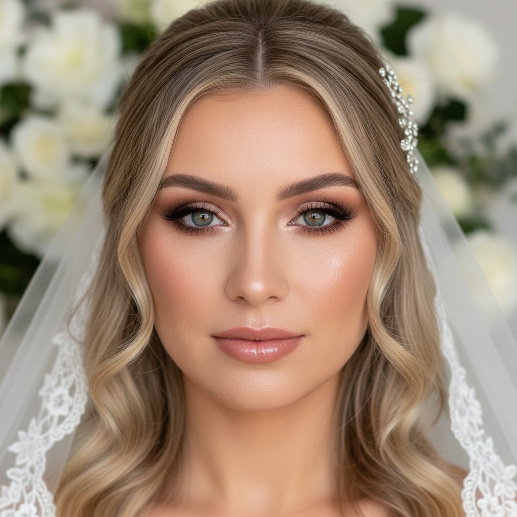 A close-up portrait of a bride with blonde hair, professional wedding makeup, and a lace-trimmed veil.