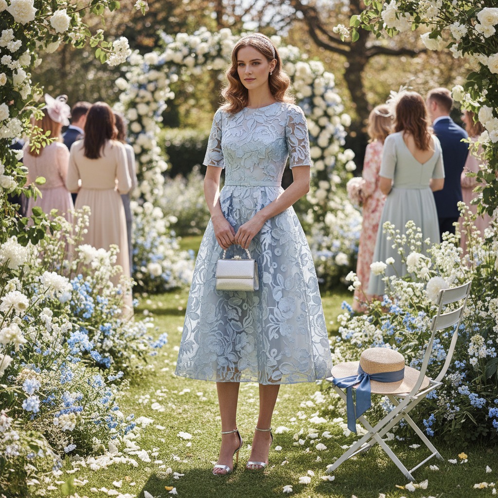 A woman stands in a garden wearing a light blue lace dress and holding a small silver handbag while guests gather near a floral archway.