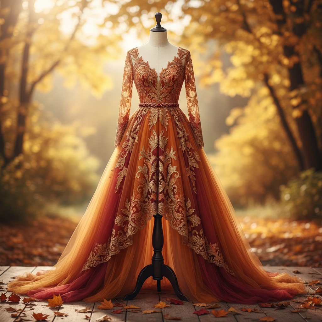 An ornate, burnt-orange and deep red evening gown with intricate gold lace embroidery on a mannequin outdoors in an autumn forest.